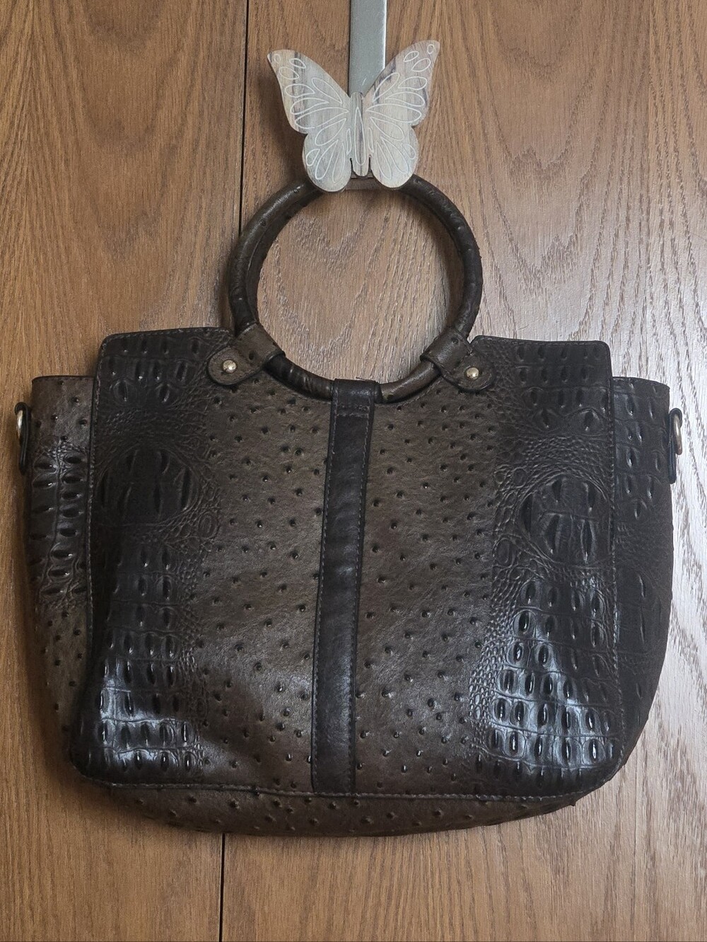Brown Ostrich Embossed Tote Bag Matching Wallet Croc Texture Satchel - Picture 6 of 13